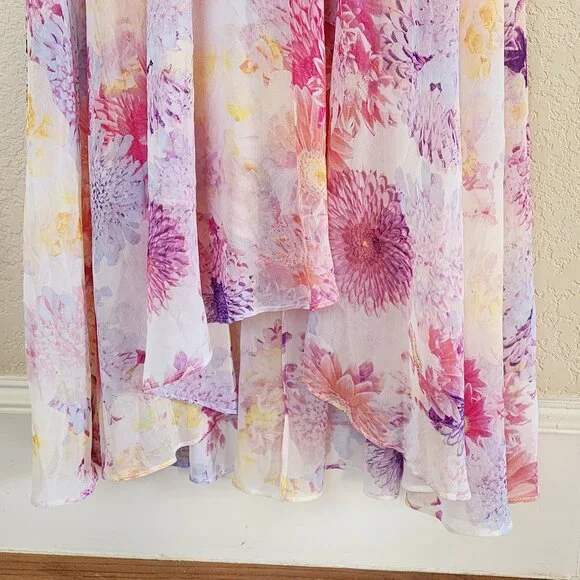 Calvin Klein Dress Sleeveless V-Neck Pink Floral Lined Chiffon Hi Lo Midi Sz 2 - Picture 5 of 10